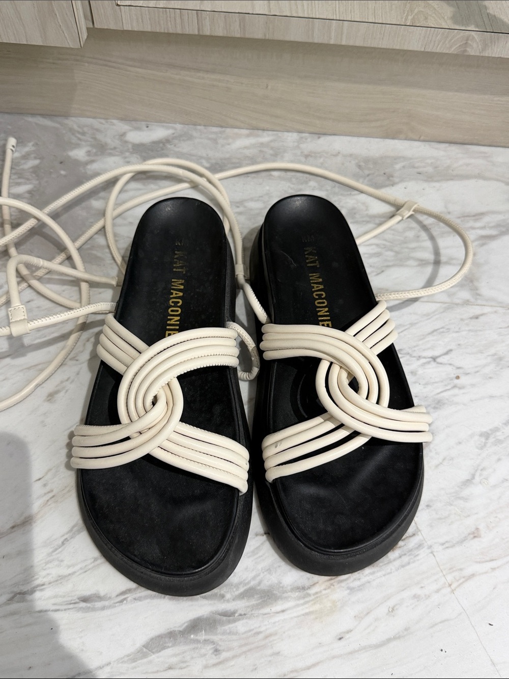 Black Slide Sandals with Cream Knot Straps